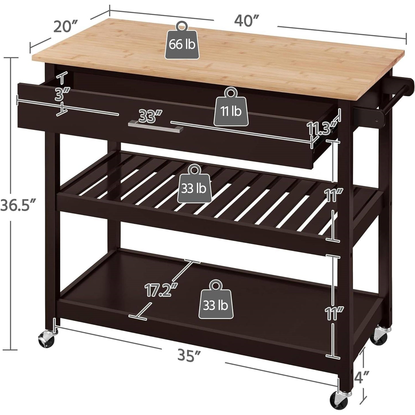 Black Kitchen Island Cart with Wood Top 2-Shelves Drawer and Locking Wheels LuxuryLifeWay Online Store