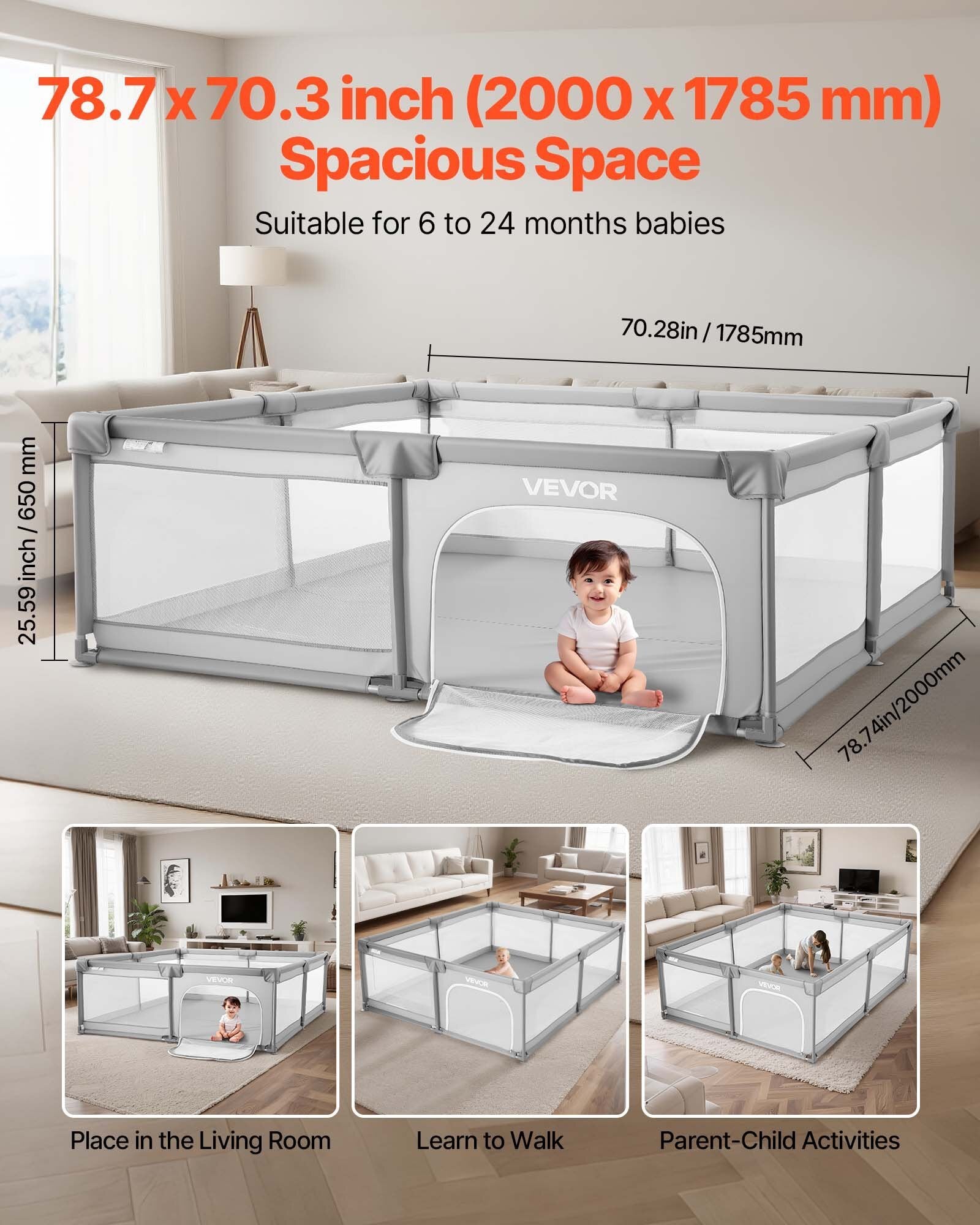 Baby Playpen, 78.7 x 70.3 Extra Large Playpen for Babies Toddlers, Indoor/Outdoor Baby Fence Play Yard, No-Gap Safety Activity Center with 50 Ocean Balls, Zippered Door & Soft Breathable Mesh LuxuryLifeWay Online Store