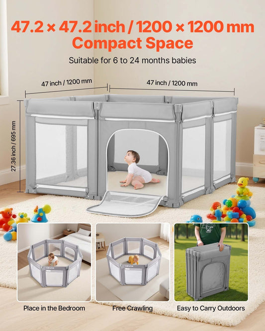 Baby Playpen, 47.2 x 47.2 Foldable Toddlers Playpen, Indoor/Outdoor Baby Fence Play Yard with Zippered Door & Soft Breathable Mesh, No-Gap Toddlers Activity Center for 6 -24 Months Babies LuxuryLifeWay Online Store