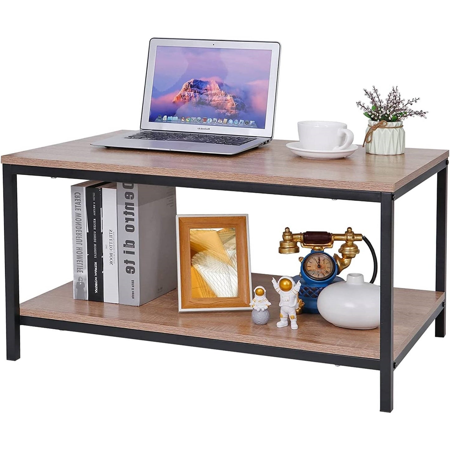 Modern 2-Tier Metal Wooden Coffee Table in Natural Wood Finish LuxuryLifeWay Online Store