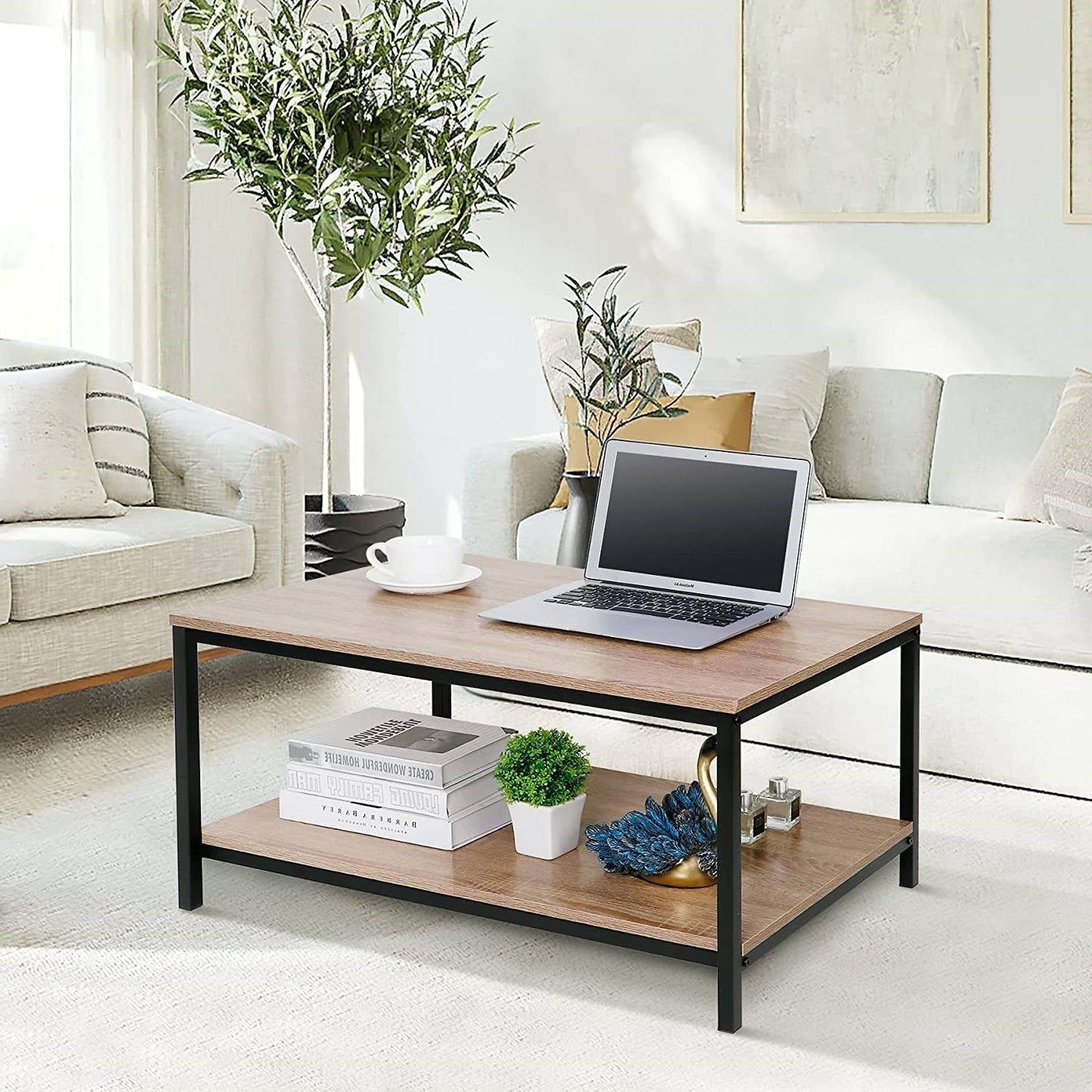 Modern 2-Tier Metal Wooden Coffee Table in Natural Wood Finish LuxuryLifeWay Online Store