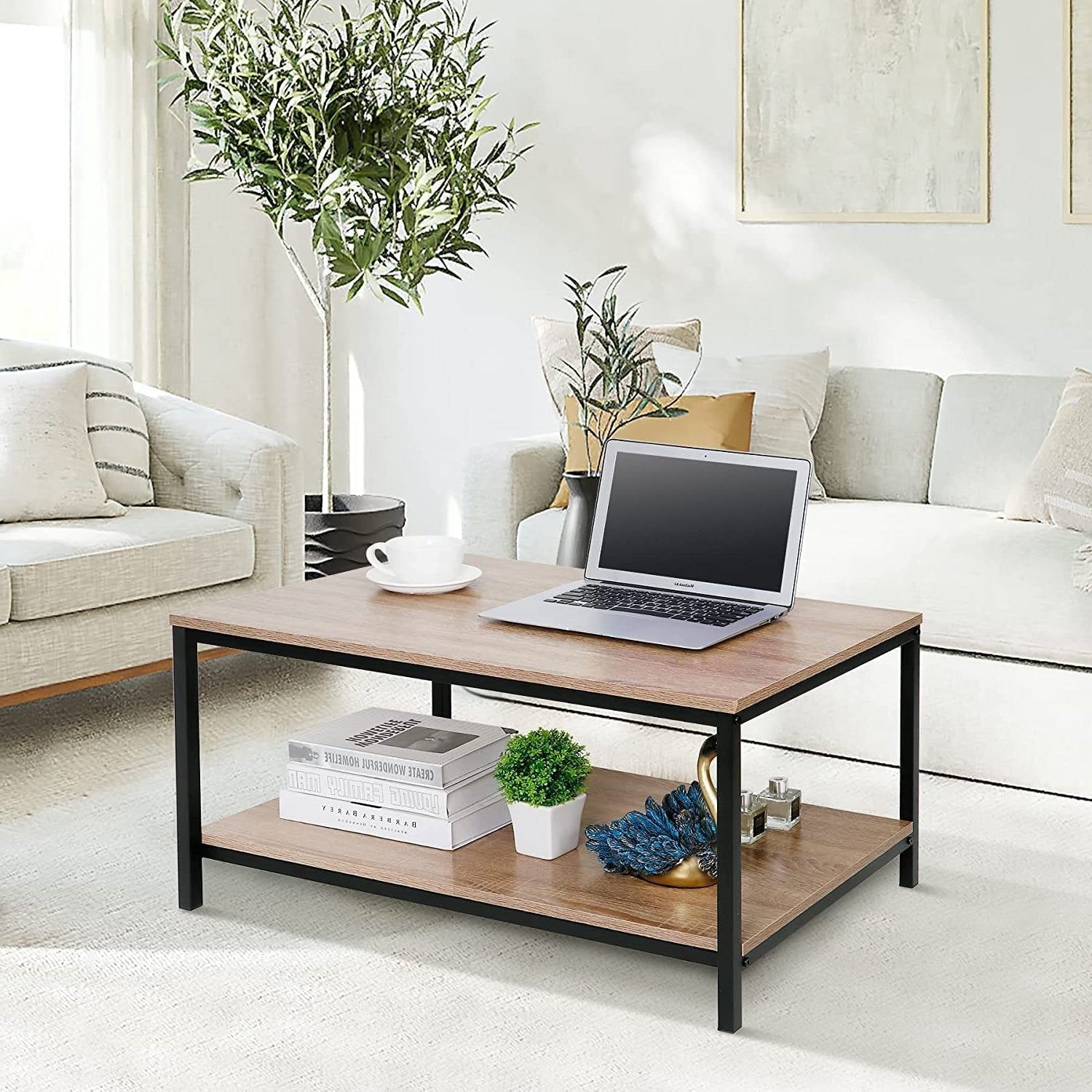 Modern 2-Tier Metal Wooden Coffee Table in Natural Wood Finish LuxuryLifeWay Online Store