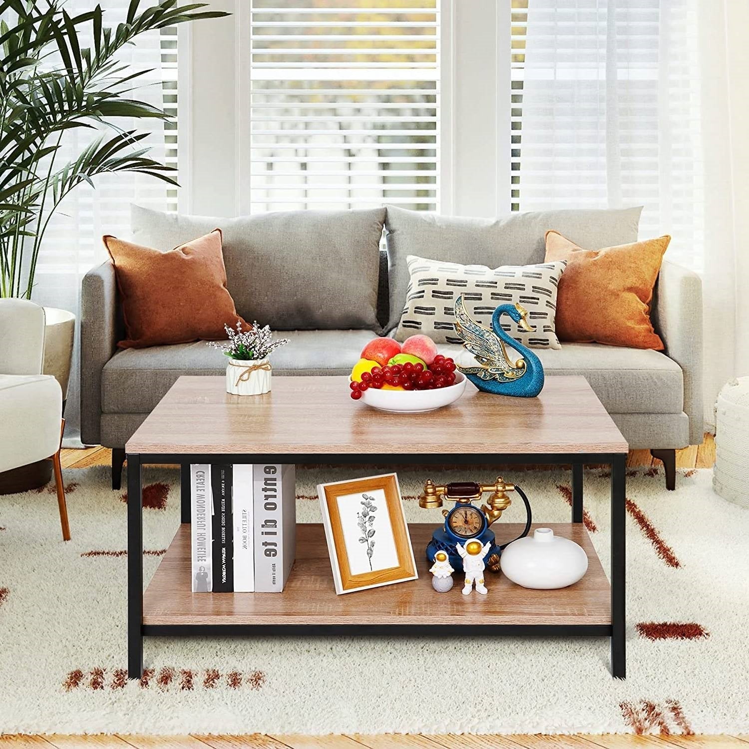 Modern 2-Tier Metal Wooden Coffee Table in Natural Wood Finish LuxuryLifeWay Online Store