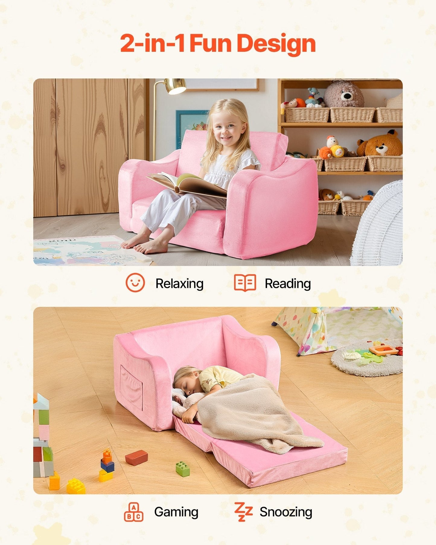 2-in-1 Kids Sofa, Foldable Toddler Soft Couch with Armrests, Made of 28D Sponge & Short Pile, Convertible Toddler Chair to Lounger, Kid Couch Fold Out for Fun Playtime or Comfy Lounging, M, Pink LuxuryLifeWay Online Store