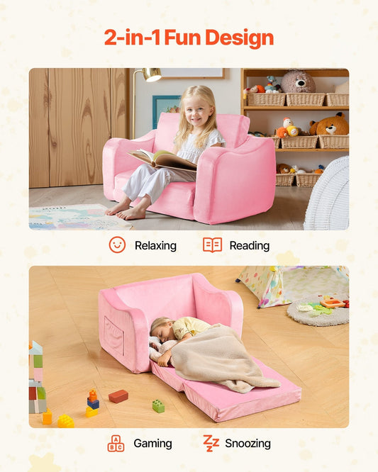 2-in-1 Kids Sofa, Foldable Toddler Soft Couch with Armrests, Made of 28D Sponge & Short Pile, Convertible Toddler Chair to Lounger, Kid Couch Fold Out for Fun Playtime or Comfy Lounging, M, Pink LuxuryLifeWay Online Store