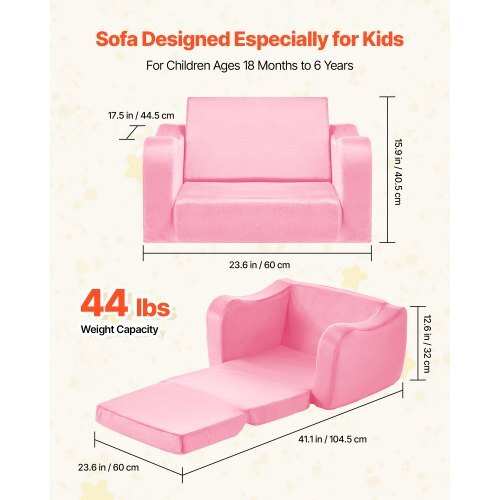2-in-1 Kids Sofa, Foldable Toddler Soft Couch with Armrests, Made of 28D Sponge & Short Pile, Convertible Toddler Chair to Lounger, Kid Couch Fold Out for Fun Playtime or Comfy Lounging, M, Pink LuxuryLifeWay Online Store