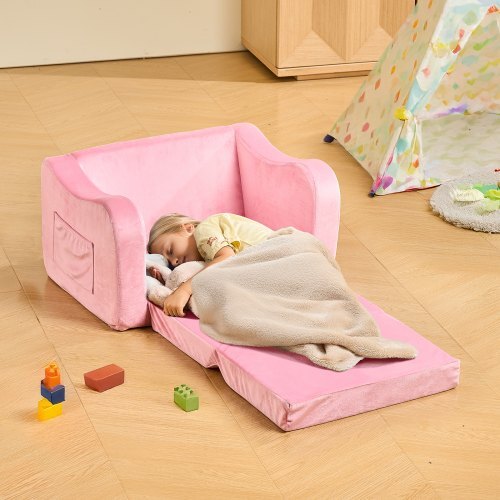 2-in-1 Kids Sofa, Foldable Toddler Soft Couch with Armrests, Made of 28D Sponge & Short Pile, Convertible Toddler Chair to Lounger, Kid Couch Fold Out for Fun Playtime or Comfy Lounging, M, Pink LuxuryLifeWay Online Store