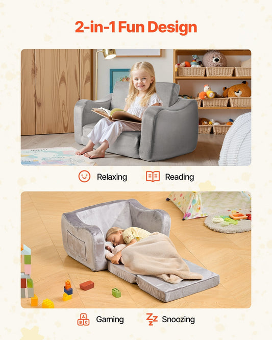 2-in-1 Kids Sofa, Foldable Toddler Soft Couch with Armrests, Made of 28D Sponge & Short Pile, Convertible Toddler Chair to Lounger, Kid Couch Fold Out for Fun Playtime or Comfy Lounging, M, Gray LuxuryLifeWay Online Store