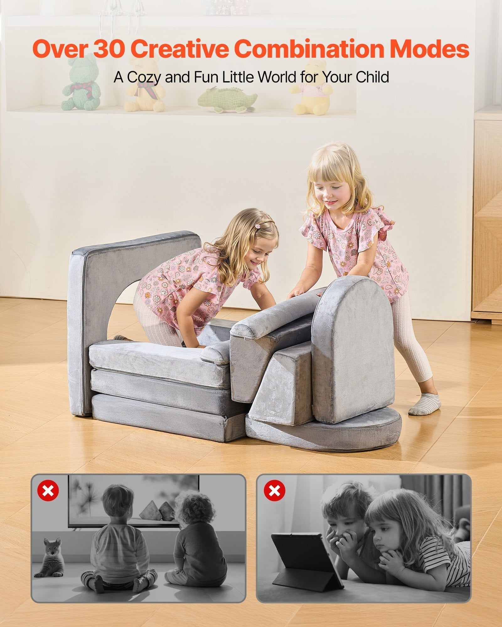 Modular Kids Play Couch, Sectional Toddler Sofa with Armrests, 28D Sponge & Short Pile, Convertible Kids Modular Couch DIY Creative Combination for Playroom, Bedroom, Living Room, 10 Pcs, Gray LuxuryLifeWay Online Store