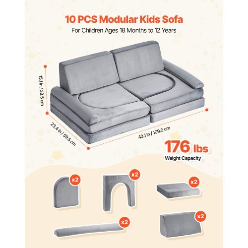 Modular Kids Play Couch, Sectional Toddler Sofa with Armrests, 28D Sponge & Short Pile, Convertible Kids Modular Couch DIY Creative Combination for Playroom, Bedroom, Living Room, 10 Pcs, Gray LuxuryLifeWay Online Store