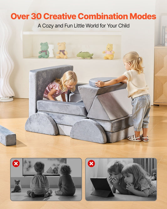 Modular Kids Play Couch, Sectional Toddler Sofa with Armrests, 28D Sponge & Short Pile, Convertible Kids Modular Couch DIY Creative Combination for Playroom, Bedroom, Living Room, 14 Pcs, Gray LuxuryLifeWay Online Store
