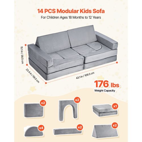 Modular Kids Play Couch, Sectional Toddler Sofa with Armrests, 28D Sponge & Short Pile, Convertible Kids Modular Couch DIY Creative Combination for Playroom, Bedroom, Living Room, 14 Pcs, Gray LuxuryLifeWay Online Store