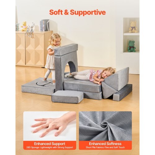 Modular Kids Play Couch, Sectional Toddler Sofa with Armrests, 28D Sponge & Short Pile, Convertible Kids Modular Couch DIY Creative Combination for Playroom, Bedroom, Living Room, 14 Pcs, Gray LuxuryLifeWay Online Store