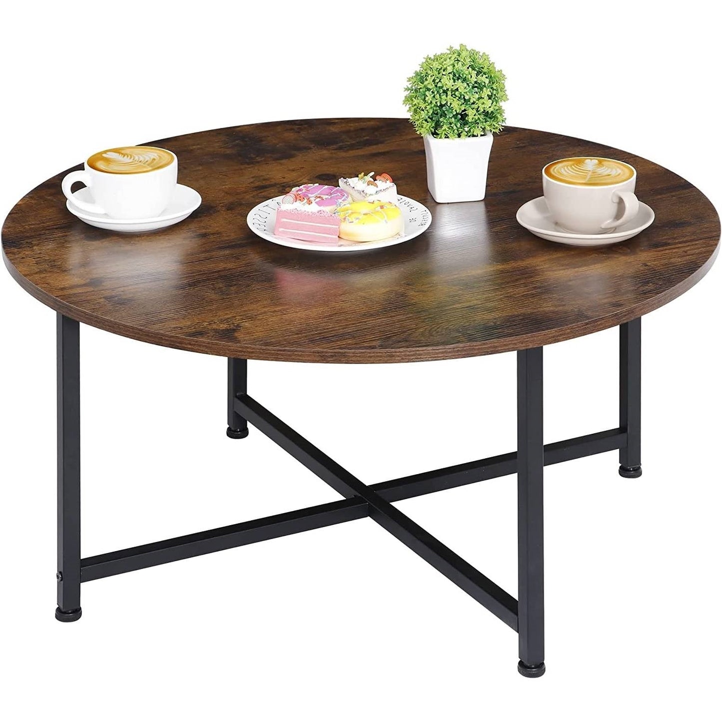 Modern Round Industrial Coffee Table with Rustic Brown Wood Top LuxuryLifeWay Online Store