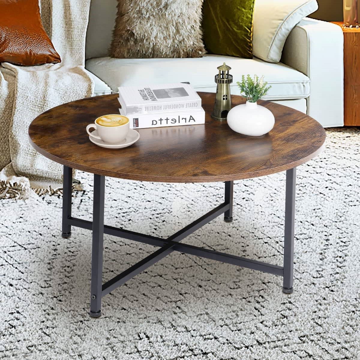 Modern Round Industrial Coffee Table with Rustic Brown Wood Top LuxuryLifeWay Online Store