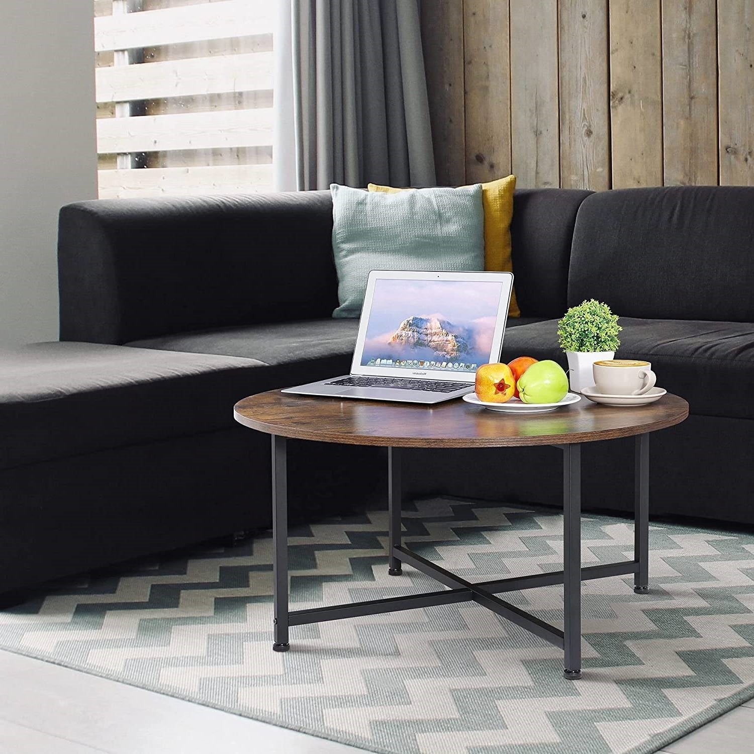 Modern Round Industrial Coffee Table with Rustic Brown Wood Top LuxuryLifeWay Online Store