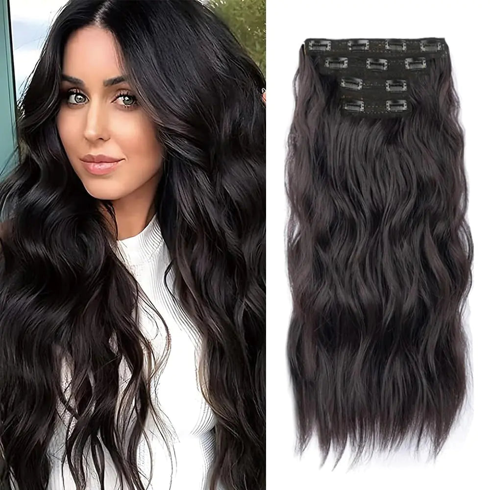 20 Inch Clip in Hair Extensions 4Pcs Hair Extensions Clip Ins Dark Brown Double Weft Hair Extension Long Wavy Synthetic Hair Extensions for Women (4Pcs20Inch6A#)