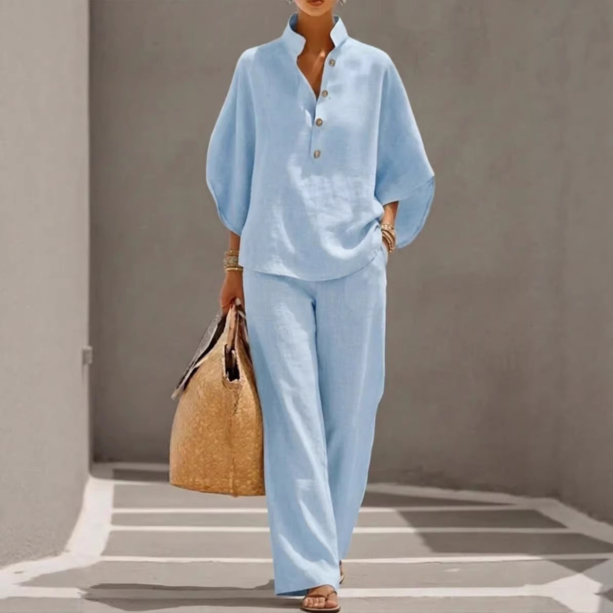 Women's Short-sleeved Suit Summer Loose Pullover Top And Straight-leg Trousers Outfit Clothing NorixaFashion.com
