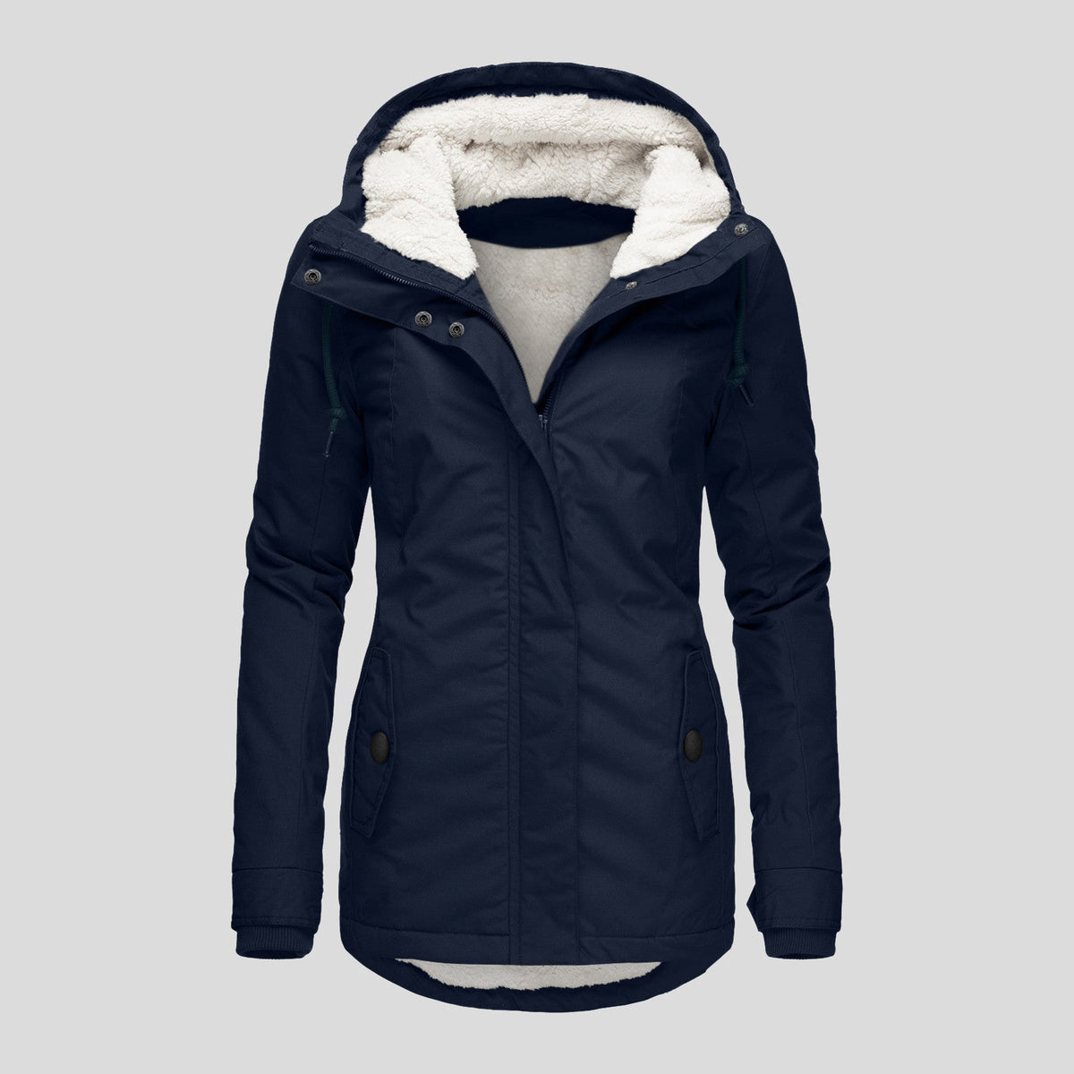 Winter Hooded Jacket Solid Color Warm Buckle Zip-up Fleece Jacket With Pockets Women's Casual Jacket LadyShow.Store