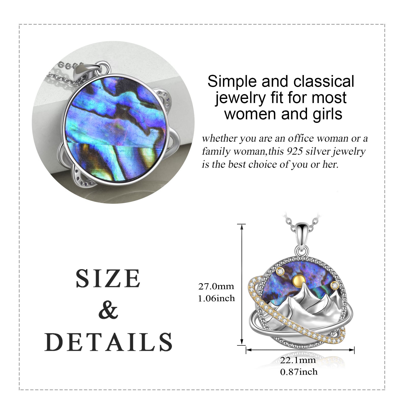Sterling Silver Universe Planet Sun Moutain Pendant Necklace Abalone Shell Cubic Zirconia Jewelry LadyShow.Store