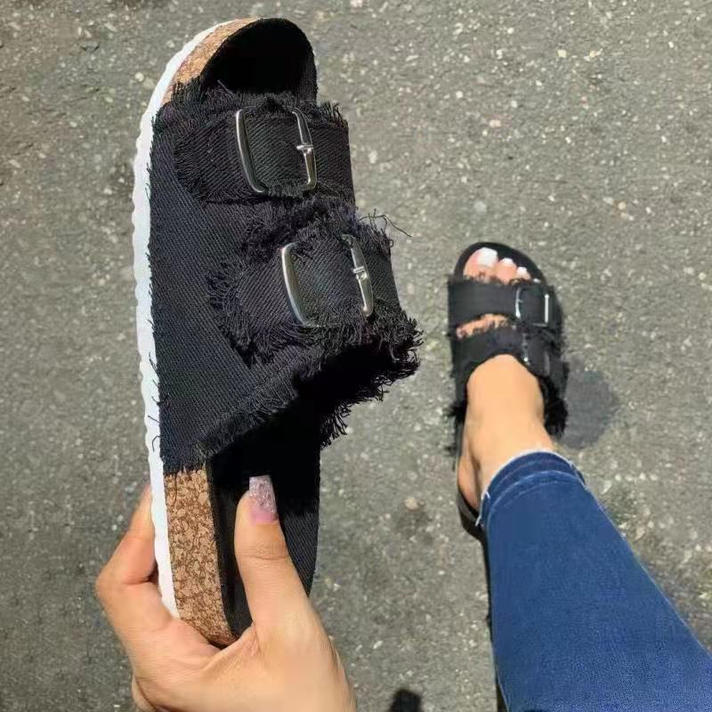 Casual Solid Canvas Buckle Denim Flat Slippers LadyShow.Store
