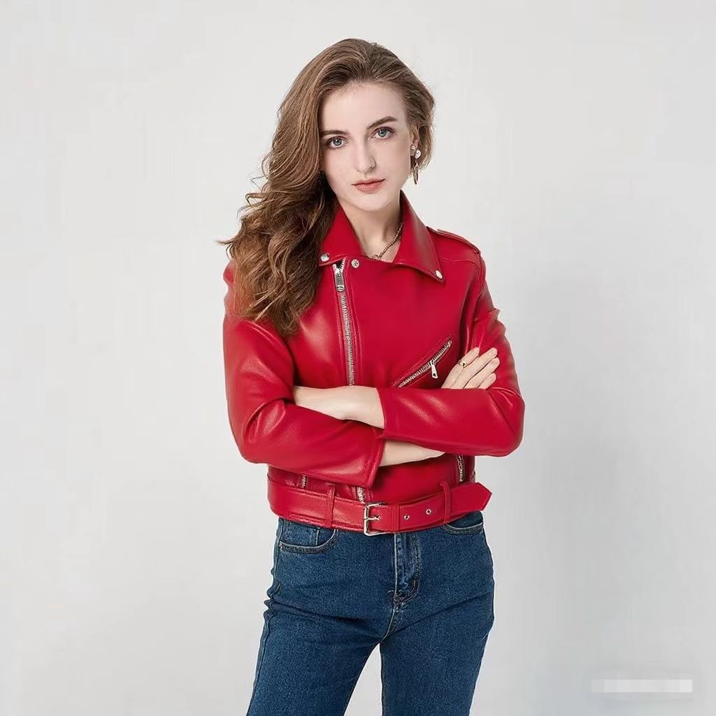 Women's Fashion Diagonal Zipper Slim Fit Washed Motorcycle Jacket LadyShow.Store