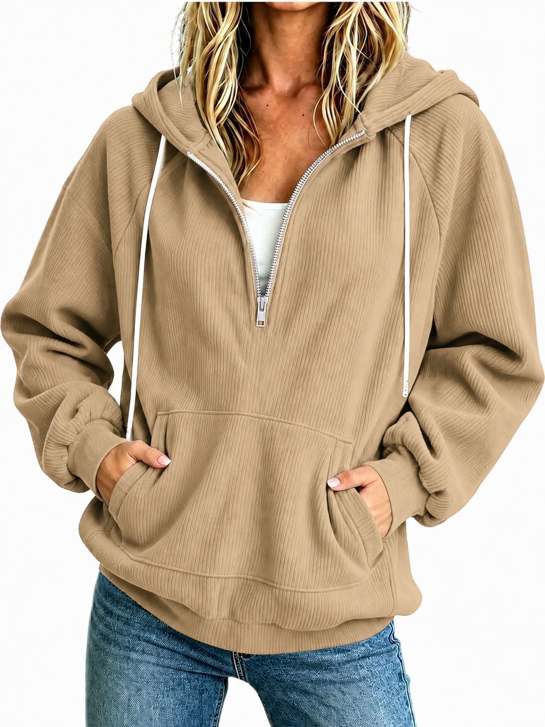 2026 Autumn New European And American Women's Half Zipper Hoodie Loose Long Sleeve Drawstring Casual Top NorixaFashion.com