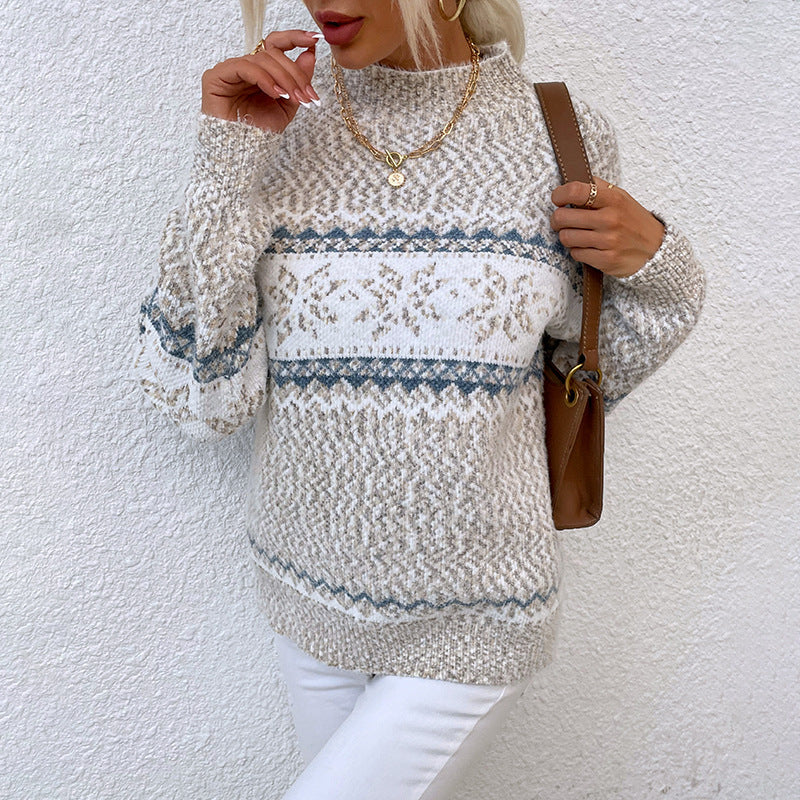 Winter Snowflake Sweater Fashion Half Turtleneck Pullover Knitted Tops Women's Christmas Clothing NorixaFashion.com