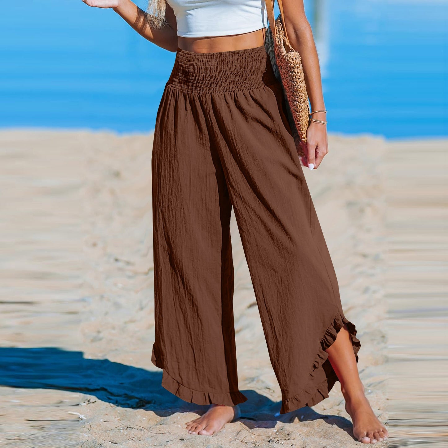 Pleated Asymmetrical Hem Cotton-linen Loose-fit Casual Pants NorixaFashion.com