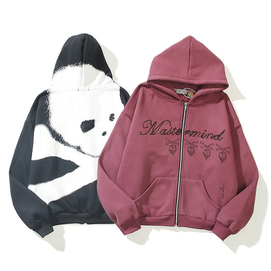 Design Letter Print Skull Burgundy Pullover Zip Jacket Sweatshirt