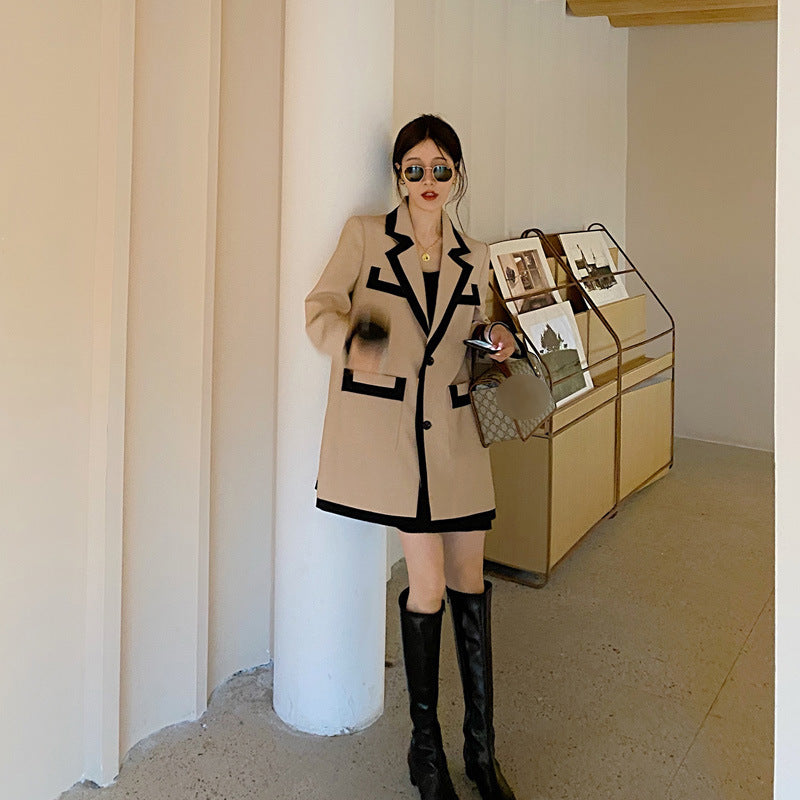 Stylish French Style Color Block Blazer Jacket for Women Pi-Mart