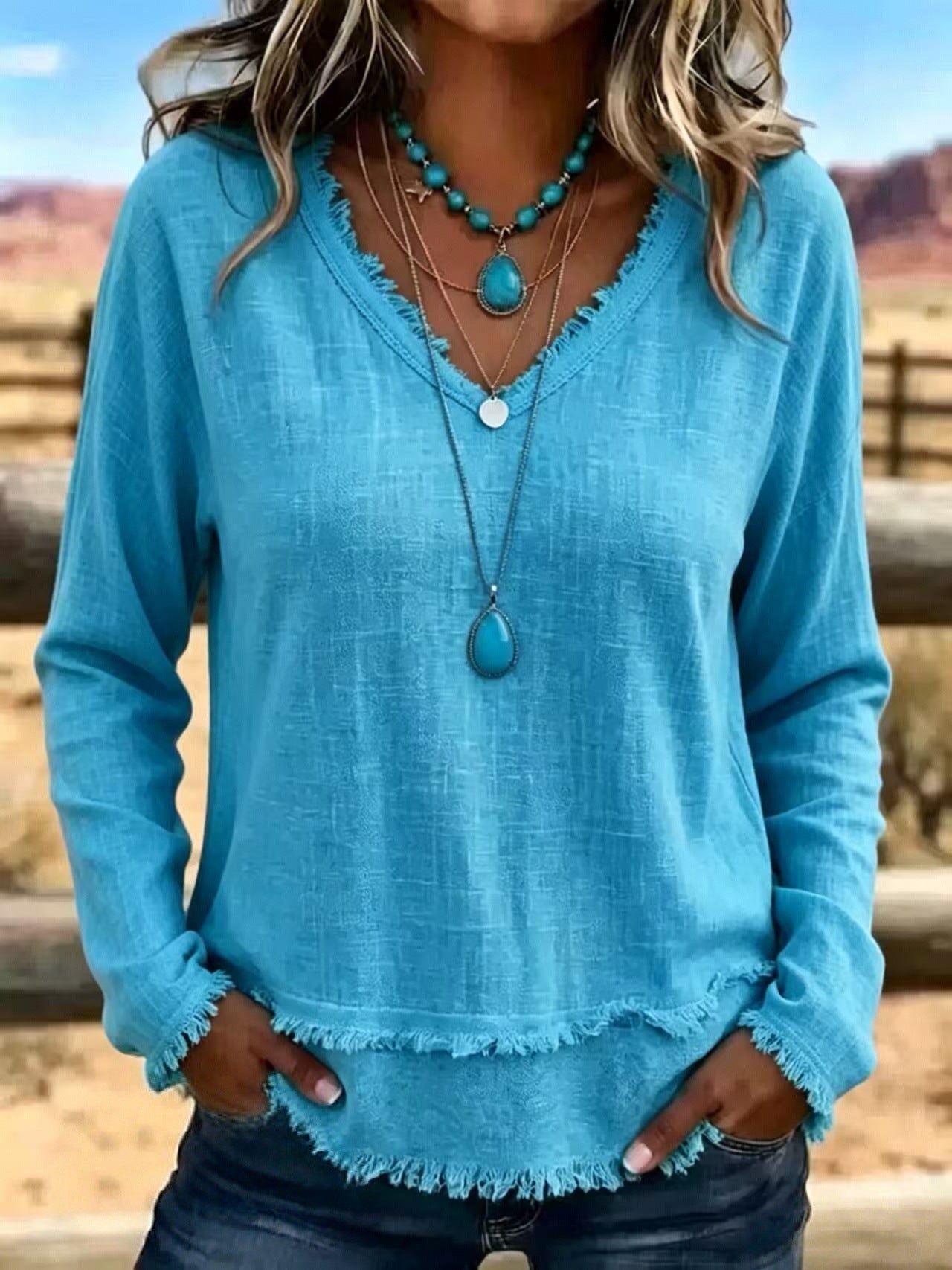 V-Neck Long Sleeve T-Shirt With Tassel Women's Loose Fit Casual Top For Daily Wear Clothing NorixaFashion.com