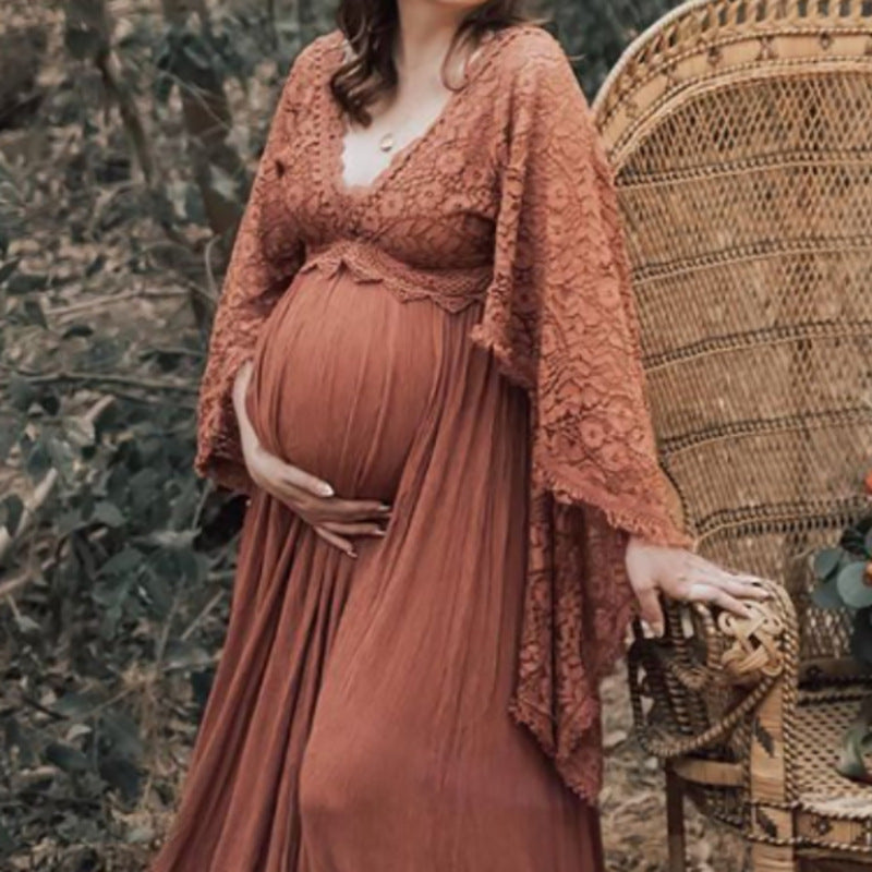 Pregnant Women Fluffy Wide Hem Lace Dress NorixaFashion.com