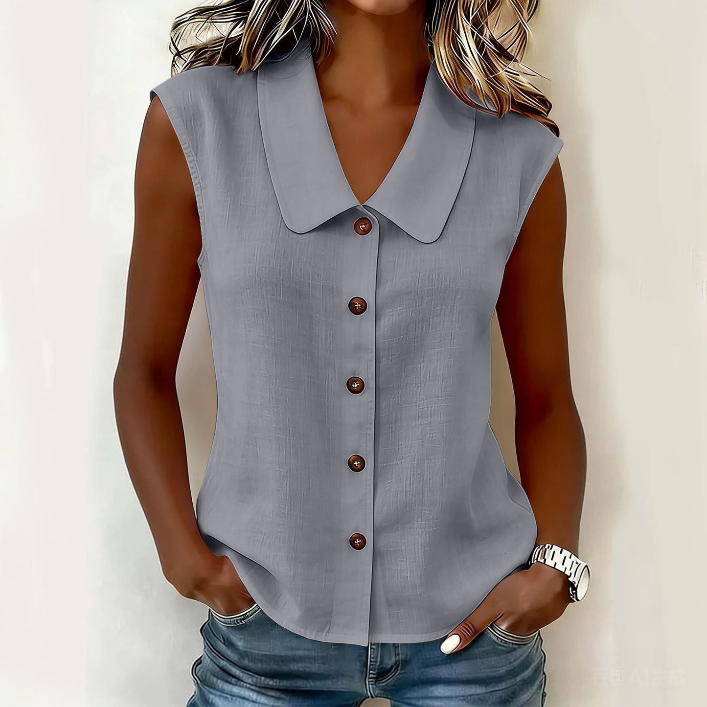 Womens Polo-neck Sleeveless Button-up Cardigan Top NorixaFashion.com