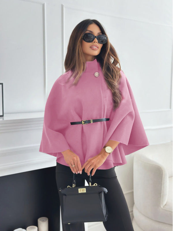 New Stand Collar Batwing Sleeves Cloak Top With Belt Ins Fashion Temperament Jacket Woolen Sweater Outwear For Women Clothing LadyShow.Store