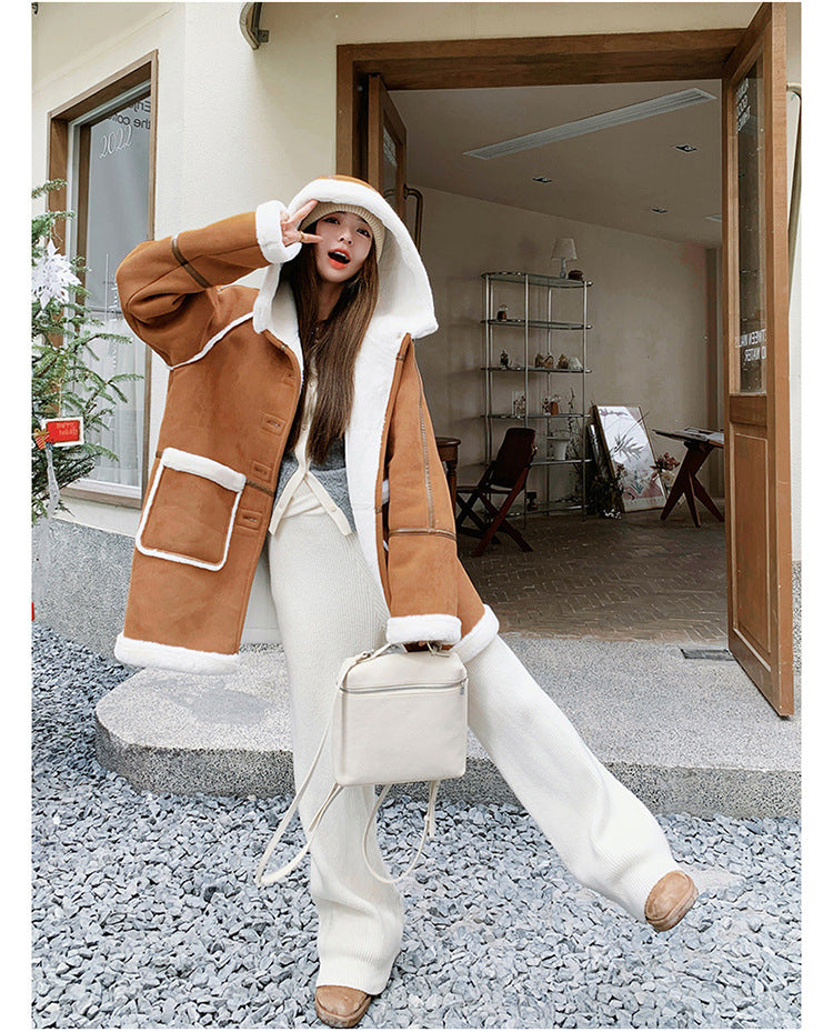 Women's Brown This Year's Popular Lamb Wool Coat Best YouTube Store