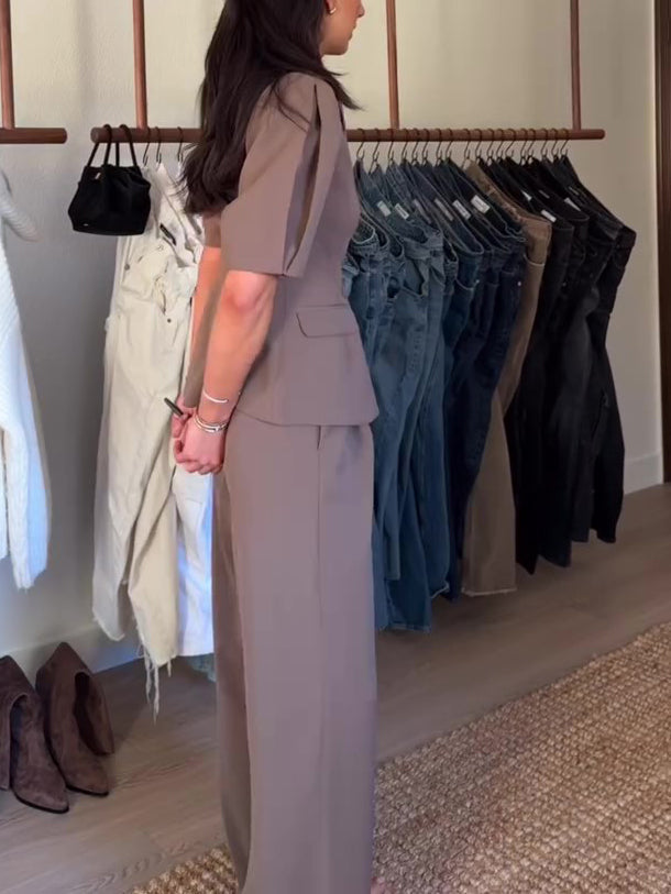 Brown Short-sleeved Blazer & High-waisted Pants Suit NorixaFashion.com