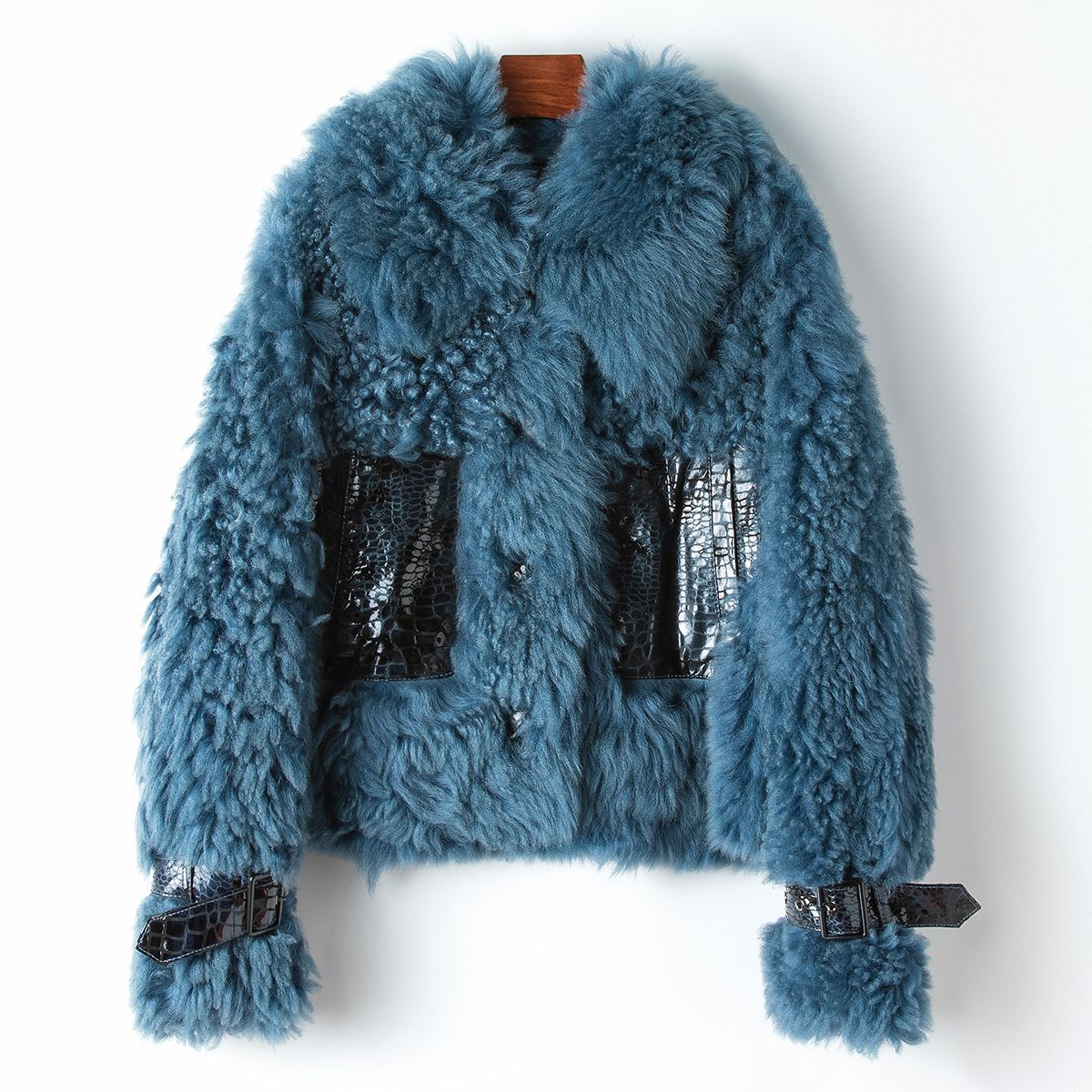 Cotton Jacket with Teddy Fur Collar in Denim Blue Pi-Mart