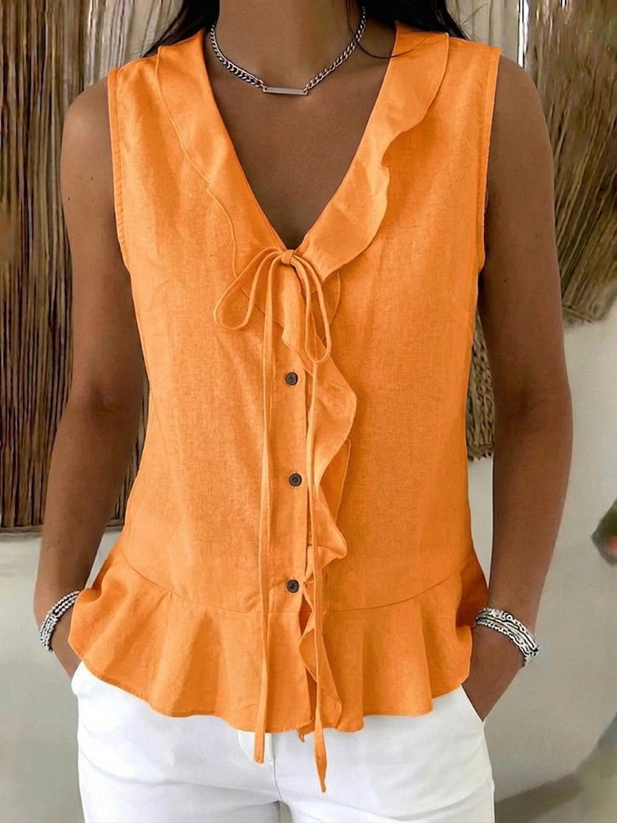 Women's Casual V-Neck Ruffle Trim Sleeveless Top NorixaFashion.com