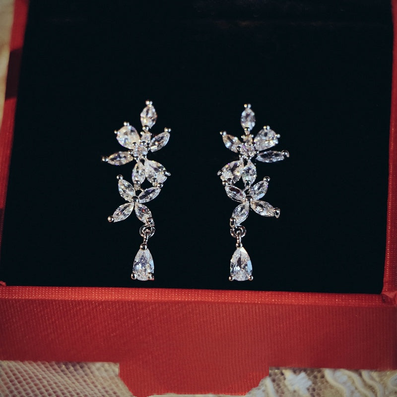 French Exquisite Zircon Leaves Super Fairy Bridal Wedding Necklace Earrings LadyShow.Store