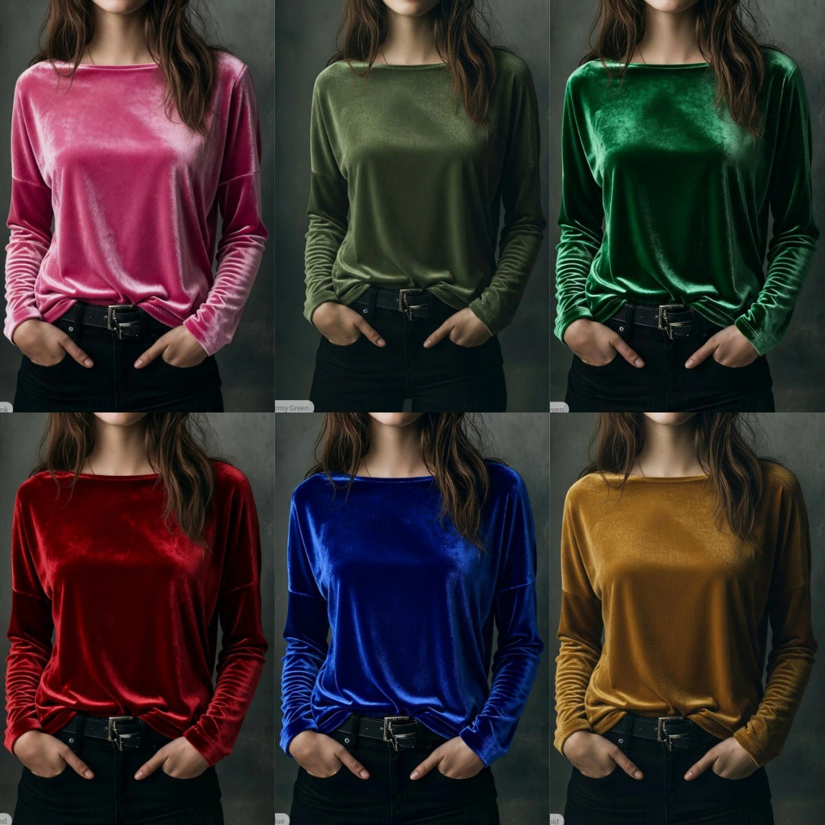 Female Solid Color Loose Fit Crew-neck Pullover Velvet T-shirt LadyShow.Store