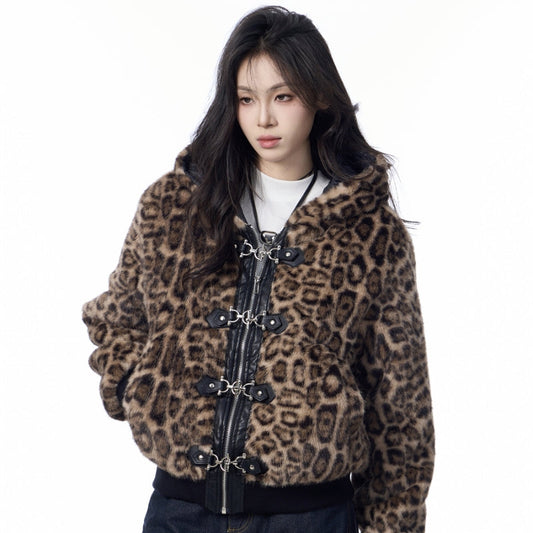Hooded Jacket Women's Loose Thick Leopard Print Full Print Design Street Coat Best YouTube Store
