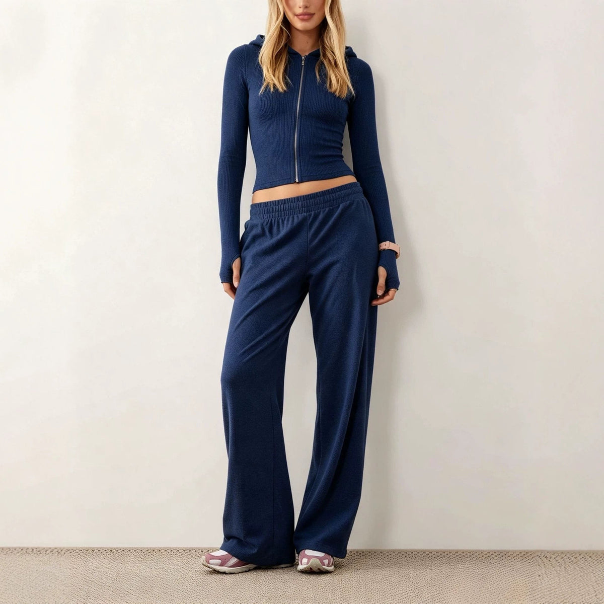 2026 In Stock Autumn Winter European And American Women's Fashion New Casual Hooded Sweatshirt Jacket Solid Color Slim Fit Two Piece Set NorixaFashion.com