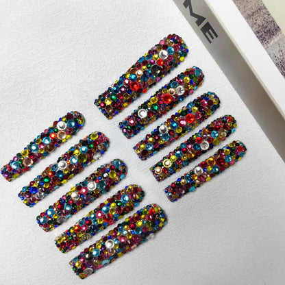 GGddsha Long Nail Designs Reusable PMMA AcrylicBaroque Glass Style Press-on Nails With Box Gifts ForWomen,Mosaic Mirage Tri Light Beauty