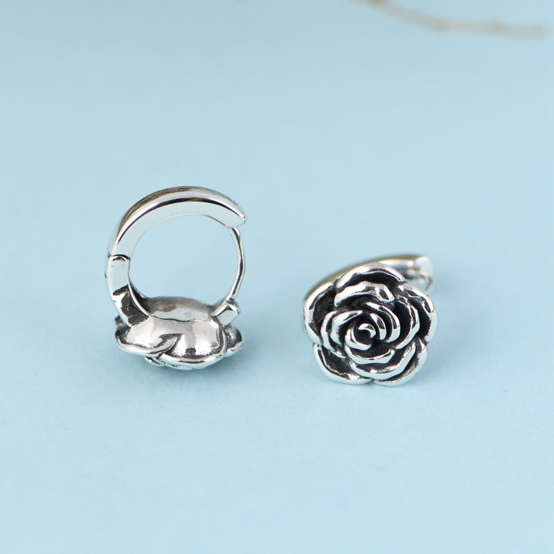 S925 Silver Vintage Distressed Rose Earrings LadyShow.Store