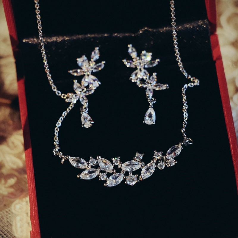 French Exquisite Zircon Leaves Super Fairy Bridal Wedding Necklace Earrings LadyShow.Store