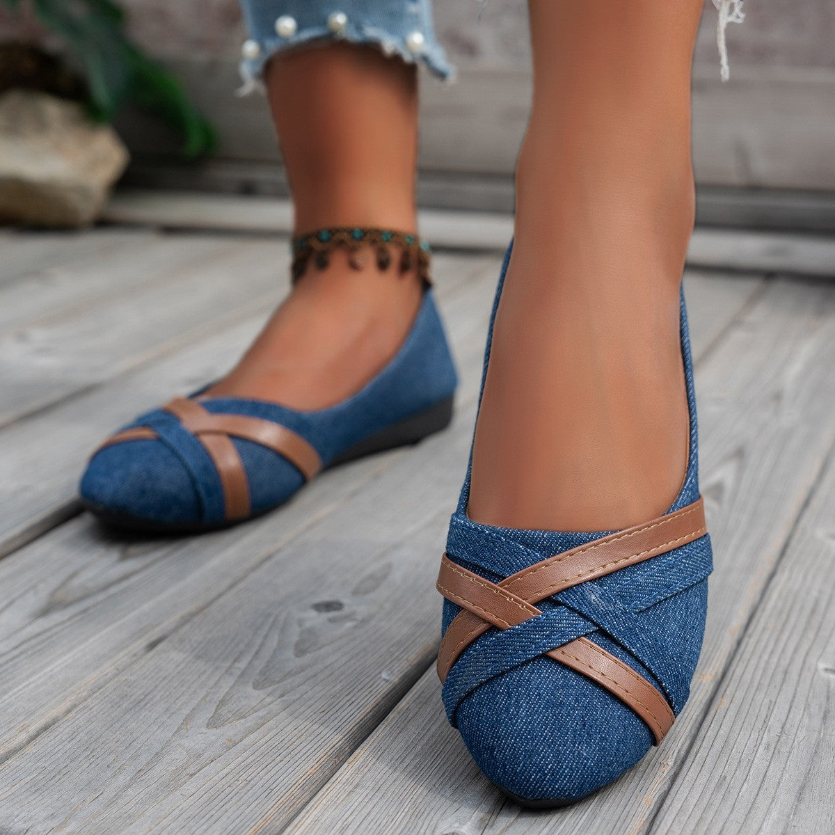 Ins Cross-Strapped Denim Loafers NorixaFashion.com