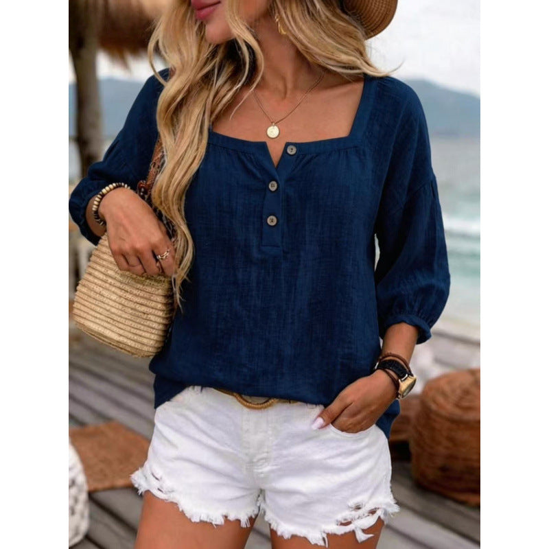 Casual Resort-style Linen Top With Three-quarter Sleeves NorixaFashion.com