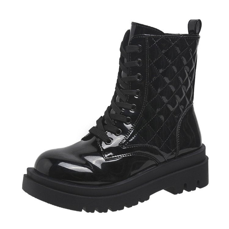 Lace-up Thick-heeled Boots Winter Casual Round Toe Platform Ankle Boots Women Fashion Quilted Pattern Minimalist Motorcycle Shoes LadyShow.Store