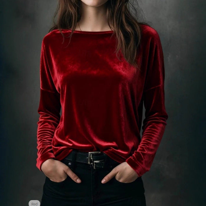 Female Solid Color Loose Fit Crew-neck Pullover Velvet T-shirt LadyShow.Store